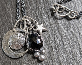 Sterling Silver celestial Charm Necklace, black spinel, Oxidized Antique Finish