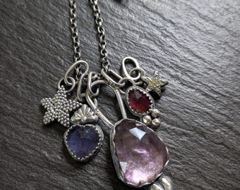 Sterling Silver Multi Gemstone Charm Necklace, Amethyst, Garnet, Stars