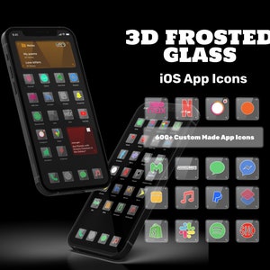 May include: A collection of 600+ custom-made iOS app icons with a frosted glass effect. The icons are displayed on a black background with a smartphone in the foreground. The text "3D FROSTED GLASS" and "iOS App Icons" is displayed at the top of the image.