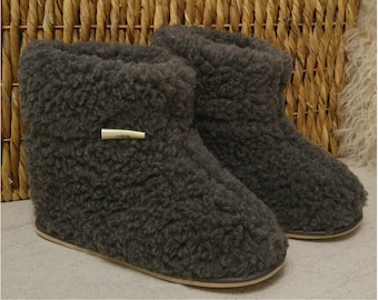 100% Natural Sheep Wool Boots Cozy Foot Slippers with Hard Durable Sole Sheepskin Women's Men's Unisex Grey Colour