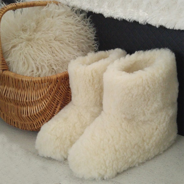 100% Natural Sheep Wool Boots Cosy Foot Slippers with Real Suede Leather Sole Sheepskin Women's Men's Unisex Cream Colour