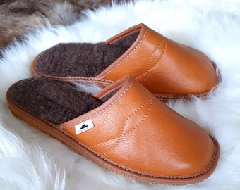 Men's Deluxe Handmade MULE Slippers Real Genuine Leather with Natural Wool Lining Hard EVA Sole in Unique Cognac Colour Easy Slip on