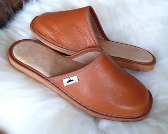 Men's Deluxe Handmade MULE Slippers Real Genuine Leather with Hard EVA Sole in Unique Cognac Colour Easy Slip on