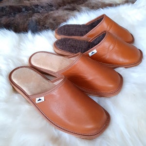Men's Deluxe Handmade MULE Slippers Real Genuine Leather or Natural Wool Lining with Hard EVA Sole in Unique Cognac Colour Easy Slip on