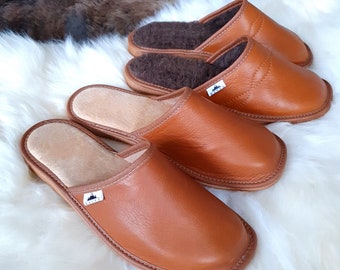 Men's Deluxe Handmade MULE Slippers Real Genuine Leather or Natural Wool Lining with Hard EVA Sole in Unique Cognac Colour Easy Slip on