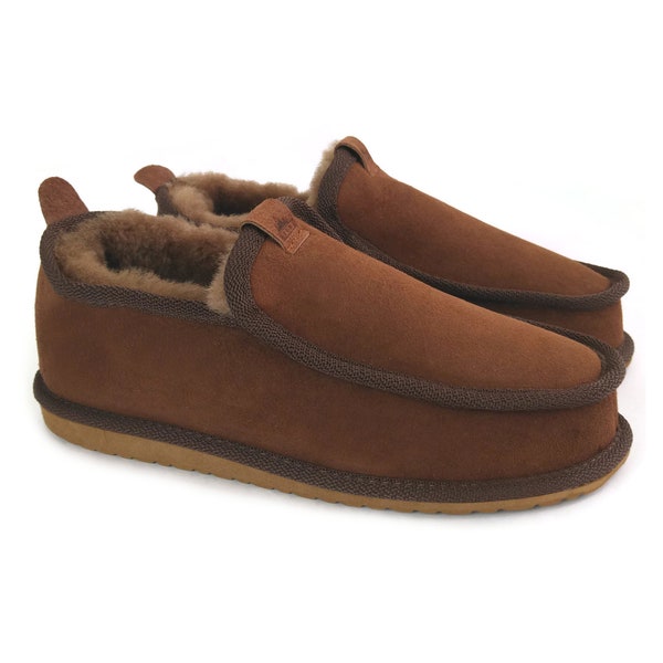 Premium Brown Men's 100% Genuine Twin-face Sheepskin Suede Slippers Moccasins with EVA Sole Sheep Wool Insole HANDMADE Luca with BOX