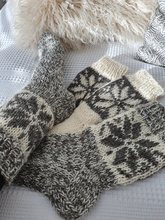 Warm Hand Knitted 100% Natural Pure Sheep Wool Socks, Walking Boot Socks,  Wellington Boot Socks, Slipper Socks RANDOM PATTERNS 