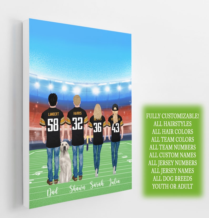May include: A personalised football-themed family portrait featuring four people and a dog. The people are wearing black jerseys with gold numbers and the names "Lambert", "Harris", "Bevins", and "Polly" on the back. The dog is a white Labrador Retriever. The text "Dad", "Shawn", "Sarah", and "Julia" is written below the figures. The text "FULLY CUSTOMIZABLE! ALL HAIRSTYLES ALL HAIR COLORS ALL TEAM COLORS ALL TEAM NUMBERS ALL CUSTOM NAMES ALL JERSEY NUMBERS ALL JERSEY NAMES ALL DOG BREEDS YOUTH OR ADULT" is written on the right side of the image.