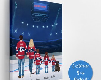 May include: A family of five wearing red and blue hockey jerseys with the number 6 on them, standing on a hockey rink with a dog. The text "HOCKEY NIGHT" is displayed on a scoreboard above the rink. The family are holding hands and looking towards the scoreboard. The names "Jacques, Emilie, Simon, Juliette, Katie" are written below the family.