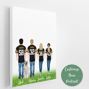 May include: A personalised family portrait illustration featuring four people wearing black and gold football jerseys with numbers. The family is standing in a line with a dog sitting in front of them. The names "Dad", "Shawn", "Sarah", and "Julia" are written below the figures. The text "Customize Your Portrait" is written in a circle on the right side of the image.