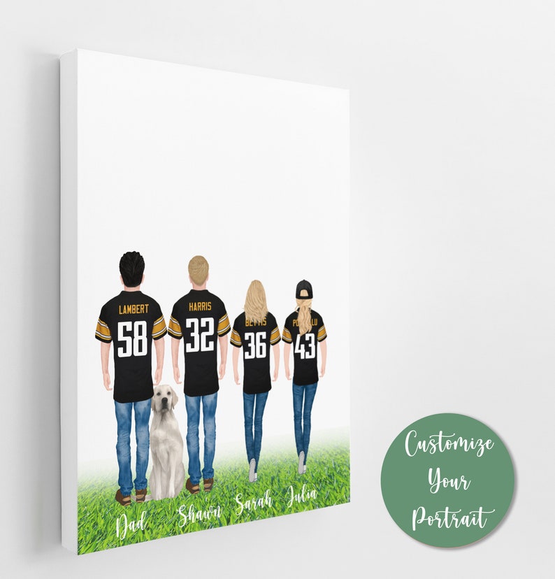 May include: A personalised family portrait illustration featuring four people wearing black and gold football jerseys with numbers. The family is standing in a line with a dog sitting in front of them. The names "Dad", "Shawn", "Sarah", and "Julia" are written below the figures. The text "Customize Your Portrait" is written in a circle on the right side of the image.