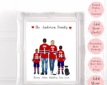 May include: A personalised family portrait illustration featuring a family of four in hockey jerseys. The illustration is in a white frame and includes the text "The Anderson Family" and the names "Thomas, Adam, Mallory, Sean, Buck".