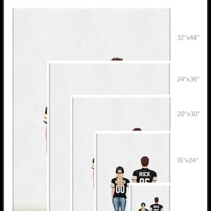May include: A mockup of five different canvas print sizes for a custom illustration of a couple wearing black and gold football jerseys with the names "Rick" and "Valerie" and their jersey numbers. The sizes are 8"x12", 16"x24", 20"x30", 24"x36", and 32"x48".