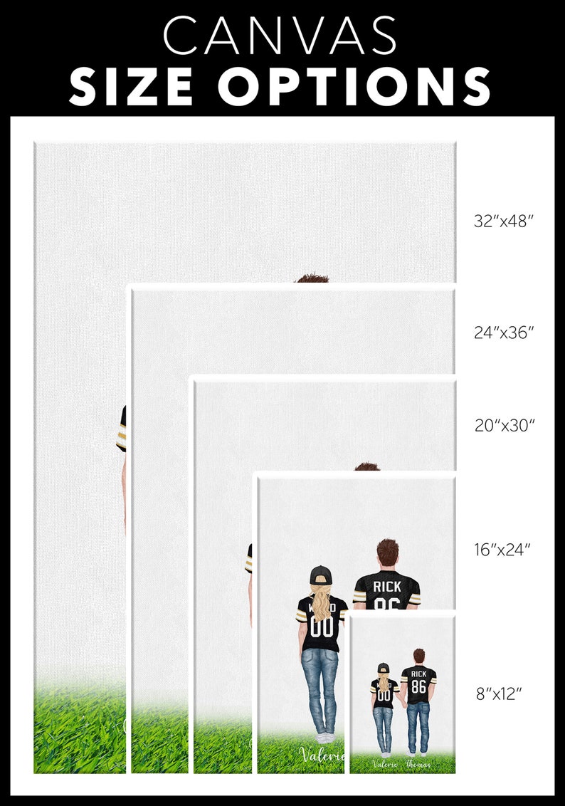 May include: A mockup of five different canvas print sizes for a custom illustration of a couple wearing black and gold football jerseys with the names "Rick" and "Valerie" and their jersey numbers. The sizes are 8"x12", 16"x24", 20"x30", 24"x36", and 32"x48".