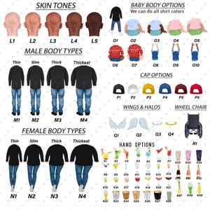 May include: A chart with illustrations of different skin tones, body types, and clothing options for creating custom family portraits. The chart includes options for male and female adults, babies, and accessories such as caps, wings, halos, and a wheelchair.