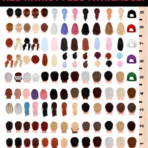 May include: A chart displaying 40 different hairstyles for a customisable avatar. The hairstyles include long, short, curly, straight, and braided styles. The chart is labelled with letters from a to h.