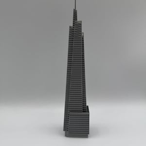 May include: A gray architectural model of a skyscraper. The building has a rectangular base and a tall, tapered tower with a spire. The facade features a grid-like pattern of windows. The model is set against a plain gray background.