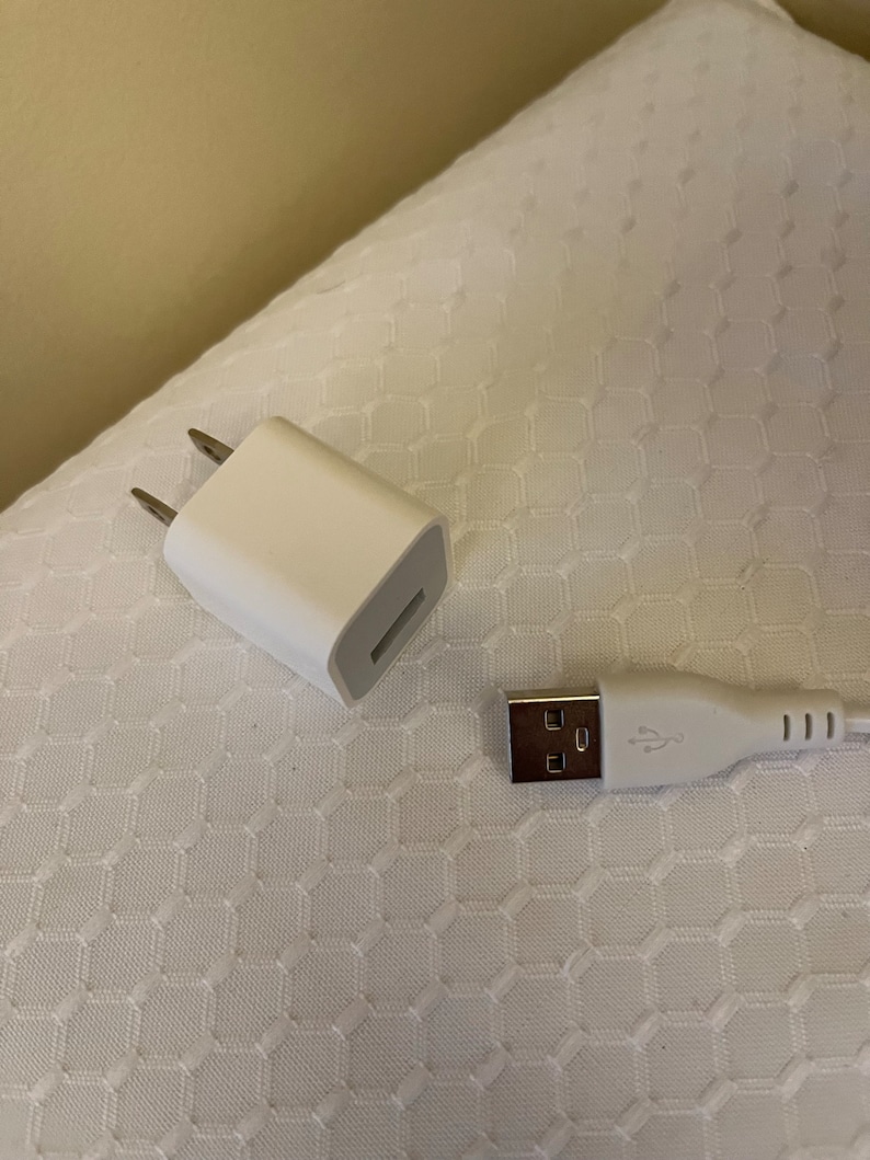 May include: A white wall adapter with two prongs and a USB port, and a white USB cable with a USB-A connector on one end and a USB-C connector on the other end.