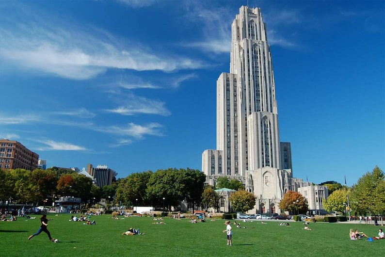 May include: A large, white stone building with a tall spire, surrounded by green grass and trees. People are walking and sitting on the grass.