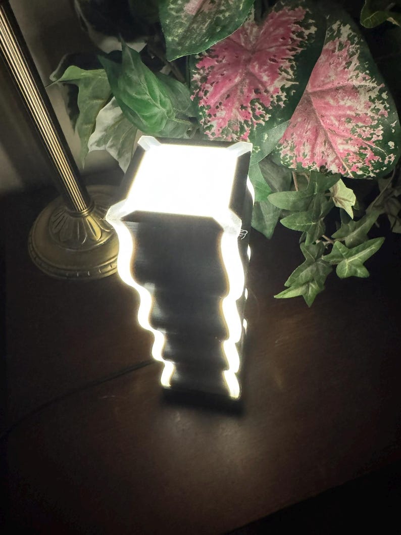 K&ouml;nnte beinhalten: Eine schwarz-wei&szlig;e Lampe mit einem einzigartigen, geschichteten Design. Die Lampe strahlt ein helles, warmes Licht aus und erzeugt einen sanften Schein. Die Lampe steht auf einer dunklen Holzoberfl&auml;che, im Hintergrund gr&uuml;ne und rosa Bl&auml;tter.