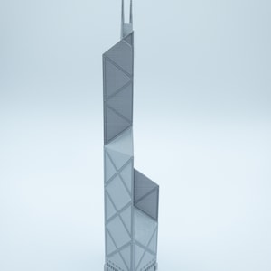 May include: A gray, 3D-printed model of a skyscraper with a distinctive geometric design. The building features a series of angled facades and a tall, slender profile, with two vertical spires at the top. The model is set against a plain white background.