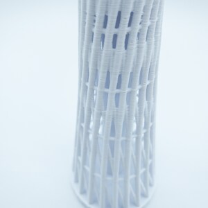 May include: White 3D printed vase with a lattice design. The vase is tall and slender with a round base.