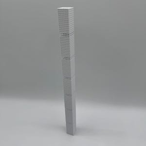May include: A tall, slender, grey model of a skyscraper. The building has a rectangular shape with many windows and a flat roof. The model is standing upright against a plain grey background.