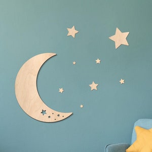 Moon and stars wall decor, Wooden moon wall art, Wooden space wall art, Wooden star wall hanging, Nursery space sign, Nursery star art