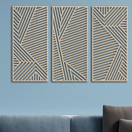Geometric Lines Panel Set of 3 Wood Wall Art Decor Wooden - Etsy