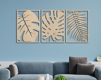 Monstera wall art, Monstera wall decor, Monstera wood decor, Monstera decor, Wood wall art panel, 3 panel wood wall art, Wall art wood panel