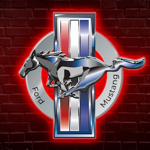 May include: A chrome Mustang emblem featuring a running horse, set against a red, white, and blue striped background. The Ford Mustang logo is surrounded by a red glowing circle, with the words "Ford" and "Mustang" on either side.