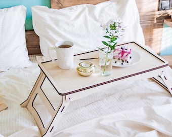 Breakfast tray with folding legs, Fold away bed tray table, Foldable wooden tray, Breakfast in bed tray with legs, Portable serving tray