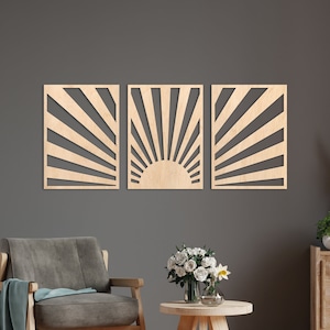 Wood sun wall art set of 3, Sunshine wall hanging, Sunset wall decor, Boho sun wall art, Layered wood wall art, Sun rays wall art