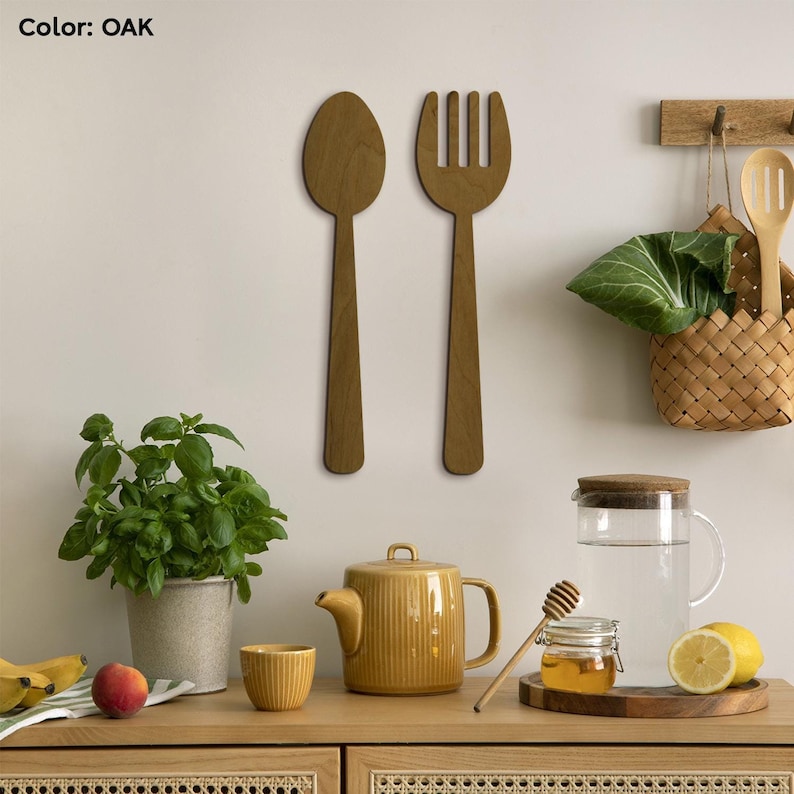 Fork and spoon wall decor,Fork and spoon wall art,Fork and spoon for wall,Fork and spoon set,Fork and spoon wood,Kitchen utensils wall art image 1