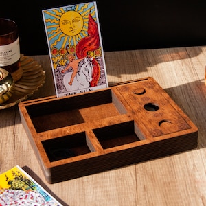 Houten tarotkaarthouder, handgemaakte tarotdoos, heks tarotkaartdoos, houten orakelkaartstandaard, opslag tarotdek, maan tarotkaart schaduwdoos