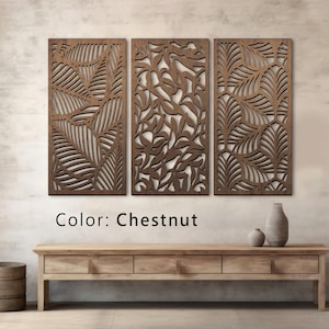 Holzblatt Wandkunst, 3-teilige Wandkunst Holz, Tropische Holzkunst, Botanische Holzwandkunst, Pflanzenwanddekor, Naturholzwandkunst