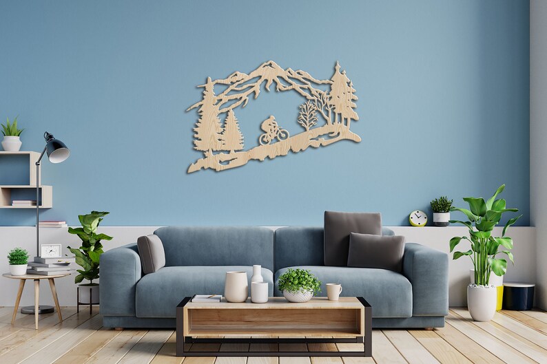 Mountain and forest wall art Mountain wood wall art Cyclist wall art Mountain wood wall decor Biker wall decor Biker wall art