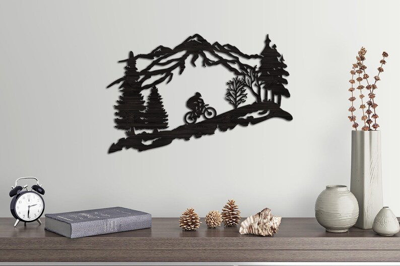 Mountain and forest wall art Mountain wood wall art Cyclist wall art Mountain wood wall decor Biker wall decor Biker wall art