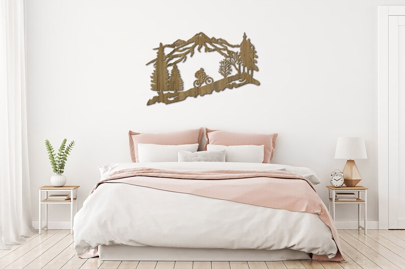 Mountain and forest wall art Mountain wood wall art Cyclist wall art Mountain wood wall decor Biker wall decor Biker wall art