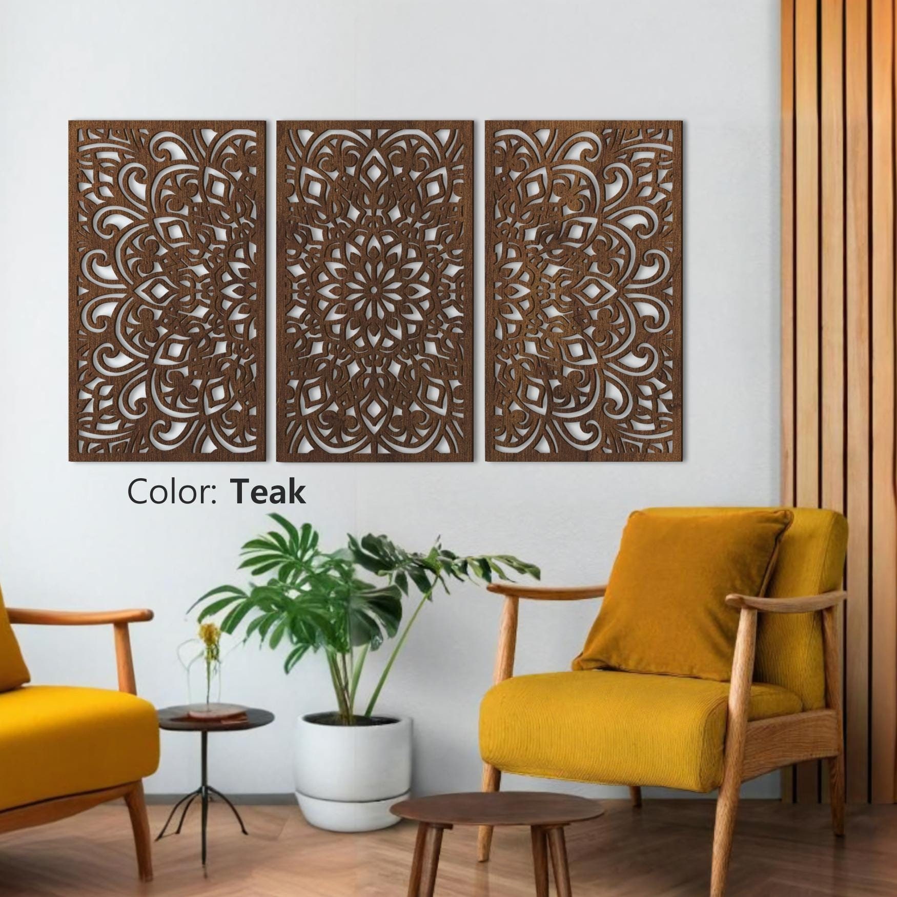 Panneau Mural En Bois Sculpté à La Main MANDALA - Décor XL - Bois De Teck Indonésien - Moyen Brun