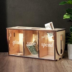 Personlig barnbank, Spara och spendera sparbössa, Sparbössa i trä, Kassaskrin i trä, Anpassad spargris