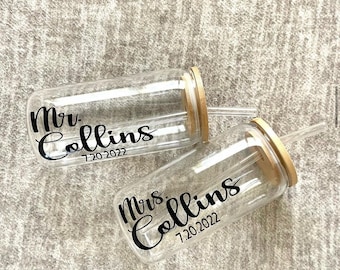 Mr. And Mrs. Gifts | Wedding Gift | Coffee Cups | Glass Wedding Gift | Glass Cup With Bamboo Lid | Wedding Shower Gift | Bridal Gifts