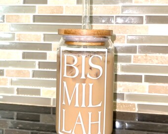 Bismillah Glass Can | Glass Can Tumbler | Iced Coffee Can | Boba Drink Can | Glass Can