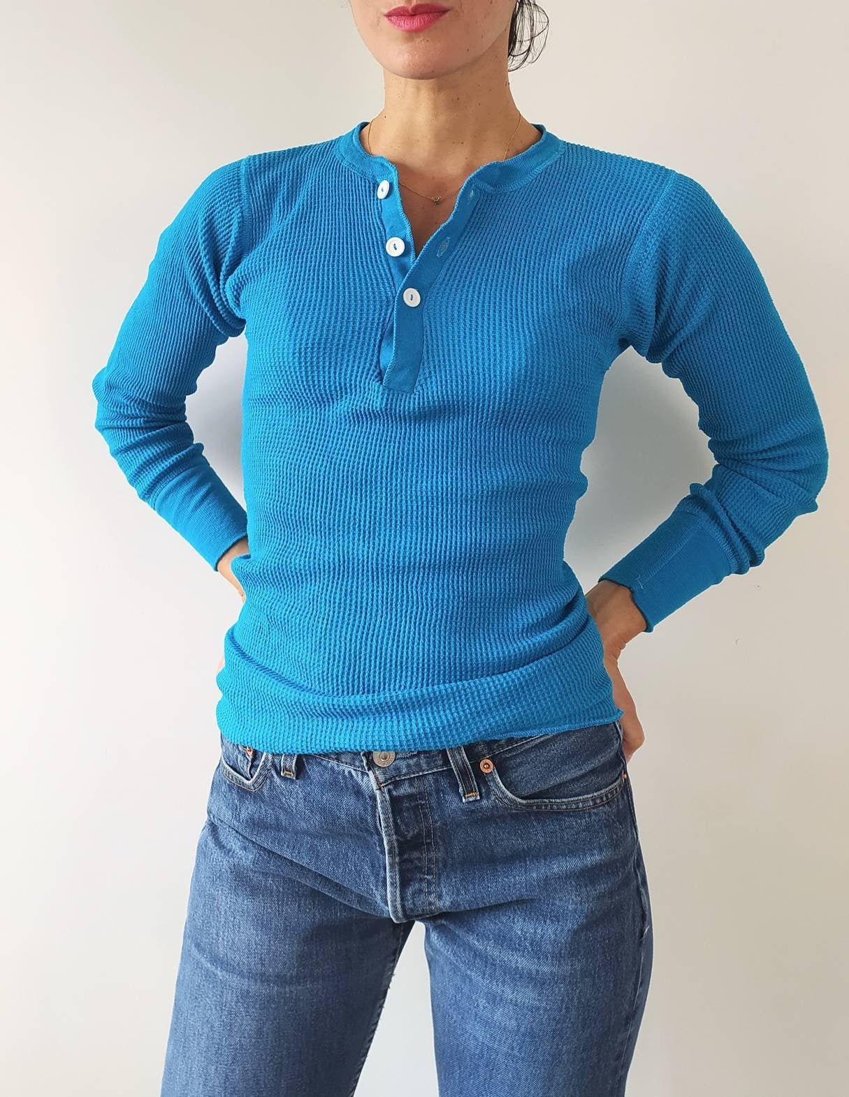 80's Bright Blue Waffle Knit Thermal Henley TShirt Crew Etsy