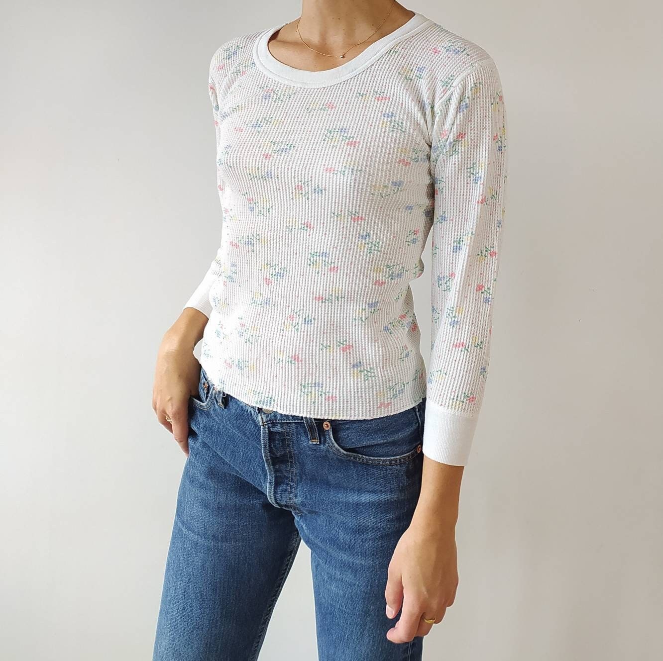 70 s Floral Waffle Knit Thermal T shirt Crew Neck Made in USA