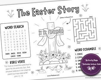 Easter Story Activity Placemat for Kids Bible Verse Activity Sheets Printable Sunday School Crafts Bible Coloring Pages