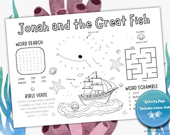 Hoja de actividades de Jonás para niños / Versículos bíblicos para colorear (PDF)