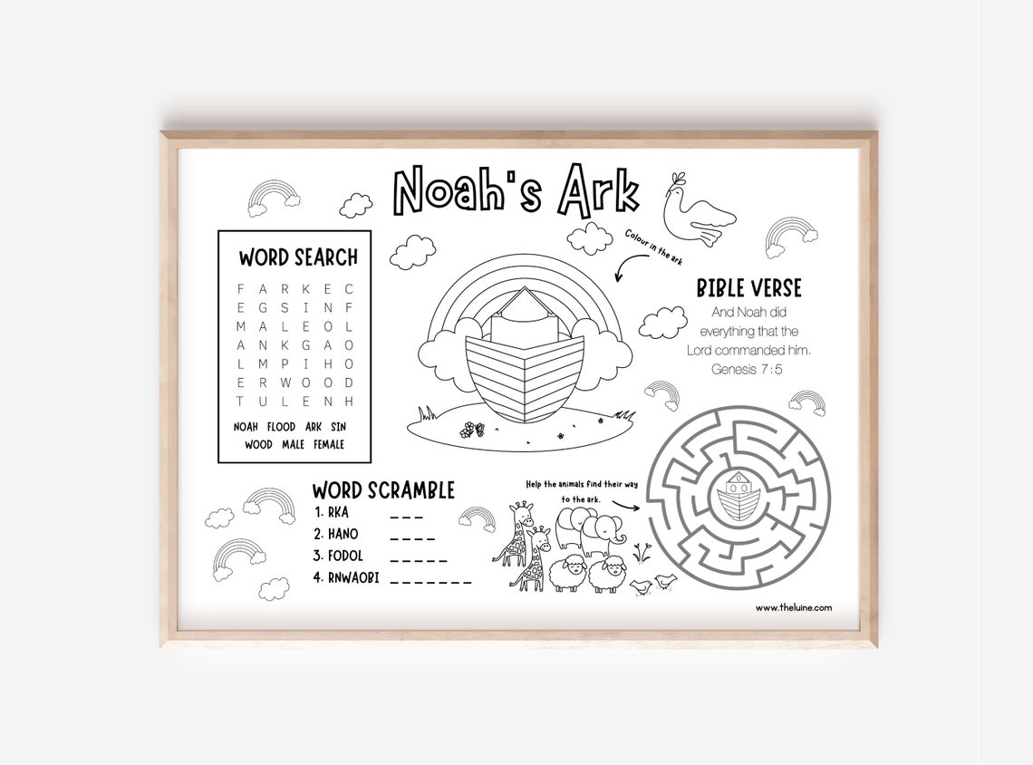 Noahs Ark Activity Placemat for Kids Bible Verse Activity Sheets ...
