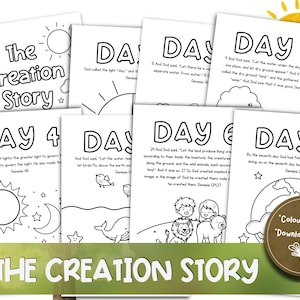 May include: A set of printable colouring pages titled "The Creation Story." Each page depicts a day of creation with text from Genesis and simple illustrations of the sun, moon, animals, and people. Includes a "Download & Print" option.