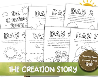 Könnte beinhalten: Eine Sammlung ausdruckbarer Malvorlagen mit dem Titel "The Creation Story". Jede Seite zeigt einen Tag der Schöpfung mit dem entsprechenden Text aus der Genesis und einfachen Illustrationen von Sonne, Mond, Tieren und Menschen. Enthält eine "Download & Print"-Option.